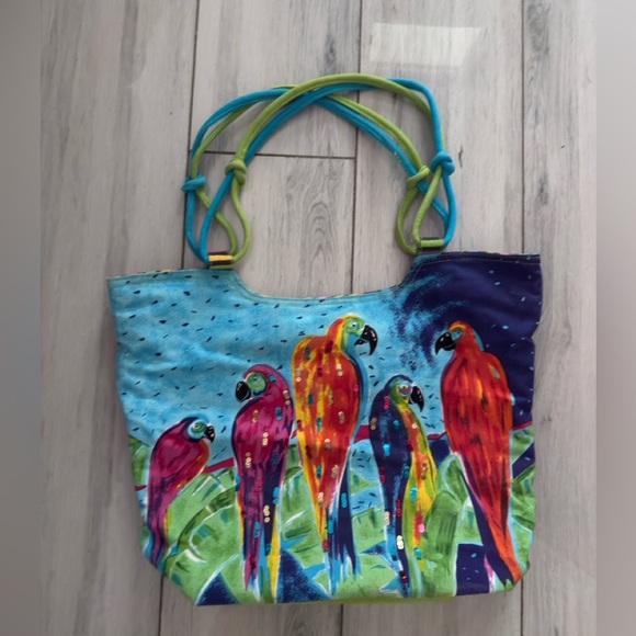 Tropical Parrot Beach Bag Purse Tote Sun N Sand Anne Ormsby Parade Paradise Palm - Picture 1 of 11